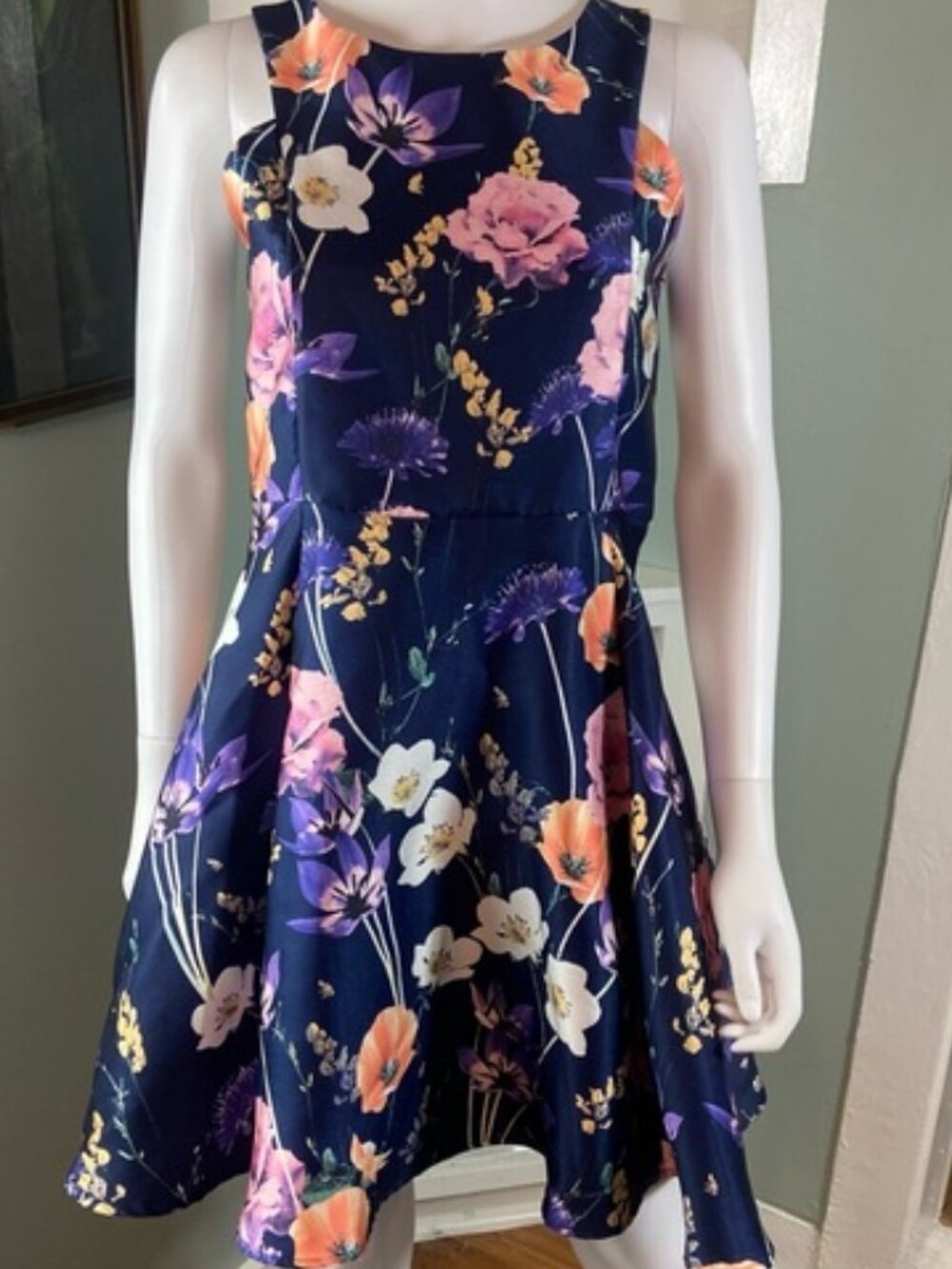 Zunie Mercado Girls Size 16 Fit & Flare Blue Mini Dress Floral Cut Out Easter